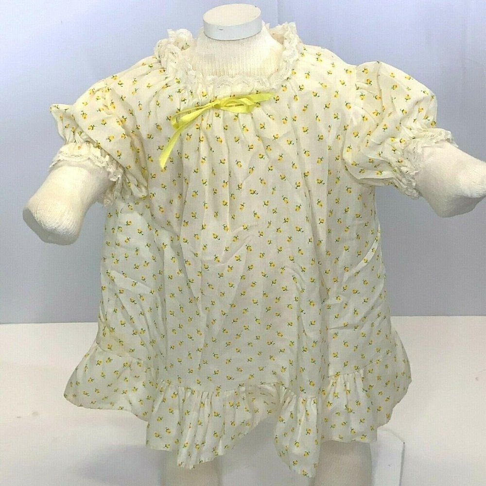 Vintage Infant Rosebud Floral Dress 18m Ivory Ruffle Lace Collar Puff Sleeve Bow
